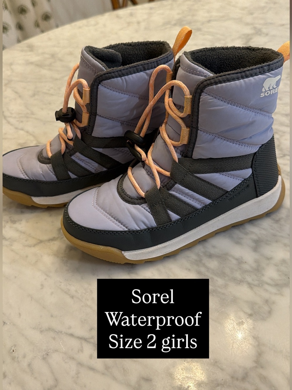 Sorel Girls Waterproof Snow Boots in Light Purple with Peach Laces